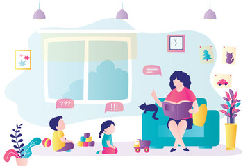 Fototapeta na wymiar Mom reads book to children. Mother is sitting in chair, boy and girl are sitting on floor. Children's room interior. Cute kids listen to story.