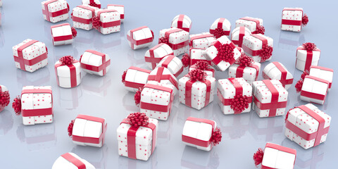 Christmas gift boxes with red bows and ribbons on gray background