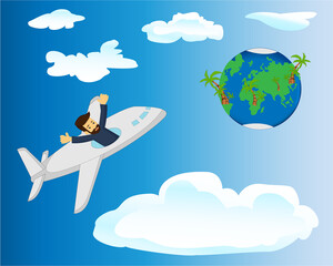 A traveller flying in a plane to the Earth planet vect5or illustration. Global travelling concept