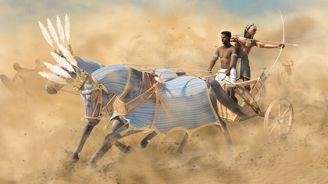  Ancient Egyptian war chariot in battle with archer and driver