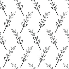 Seamless pattern with hand drawn branches. Vector vintage black and white silhouette. Endless texture for your design, romantic greeting cards, announcements, fabrics.  Floral background.