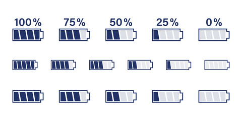 Battery icons set. Low, medium and full indicators. Various accumulator signs isolated on white background. Energy buttons.