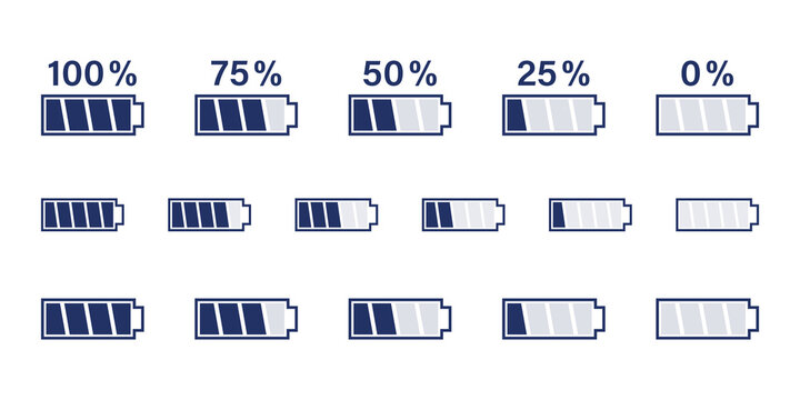 Battery icons set. Low, medium and full indicators. Various accumulator signs isolated on white background. Energy buttons.