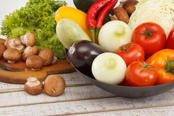 Vegetable fresh tomato pepper eggplant. Diet harvest.