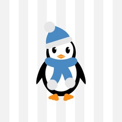 Cute cartoon penguin in a blue hat and scarf in winter weather on a transparent background. Vector illustration of arctic bird in flat design.