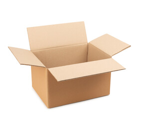 Opened cardboard box on a white isolated background.