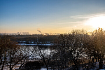 old buildings of the architectural and park complex at dawn on a winter morning