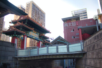 Kowloon, Hong Kong - 02.12.2020 : traditional Chinese architecture, Religion gate near  Wong Tai Sin Temple, Buddhist and Taoist temple