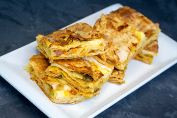 Traditional delicious Turkish foods; Tray pastry with leeks (su boregi)