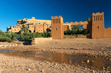 Ait Benhaddou kasbah, along the former caravan route between Sahara and Marrakesh, Morocco, situated in Souss Massa Draa on a hill along the Ounila River