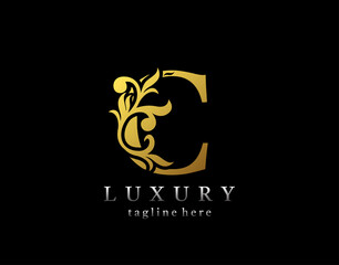 Letter C luxury logo icon, luxury gold flourishes ornament monogram design vector.