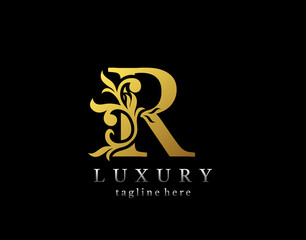 Letter R luxury logo icon, luxury gold flourishes ornament monogram design vector.
