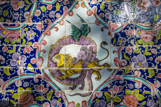 Tehran, Iran - October 15, 2016: Decorated tile wall in Golestan Palace, one of the oldest historic monuments in the city of Tehran