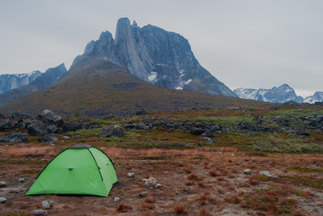 Tent under Mount Ulamertorsuaq in the Tasermiut Fjord.