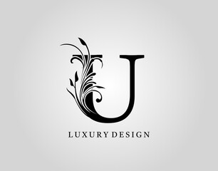 Vintage U Letter Floral Design. Classic Monogram Alphabetical Icon for book design, brand name, stamp, Restaurant, Boutique, Notary, Hotel.