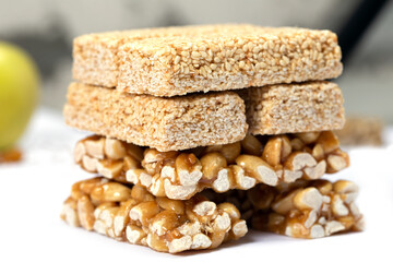 Cereal granola bar with nuts. Energy healthy snack. Protein muesli bars. Top view