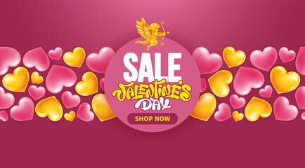 Advertising vector banner for Valentines Day sale. Bright design for store promotion. Invitation to good shopping on Valentine holidays. Golden cupid, hearts, text and calligraphy on pink background.