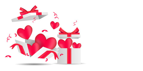 Flying and open gift box with heart background design