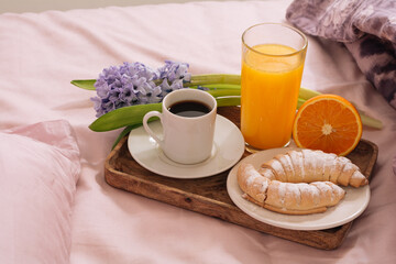 Breakfast in bed with hot coffee, powdered croissant, orange juice and fresh flowers blue hyacinth on a wooden tray in pink-purple bedroom. Breakfast concept