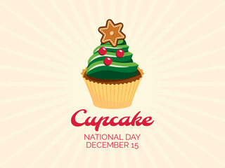 National Cupcake Day on December 15 vector illustration. Decorated cupcake christmas tree with gingerbread star icon vector. Cupcake Day Poster, December 15. Important day
