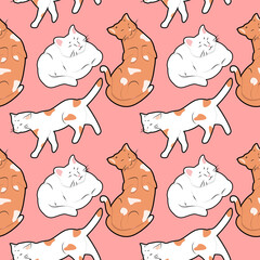 cute seamless vector pattern with hand drawn cats in different poses on a pink background. illustration for printing on fabric, clothing, wrapping paper, for websites and applications