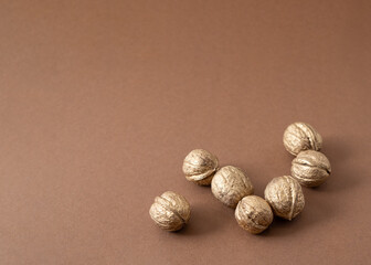 Golden walnut on brown background. copy space