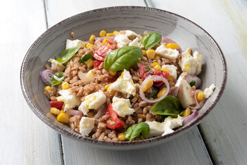 Insalata di farro con mozzarella, pomodoro, mais, cipolla e basilico
