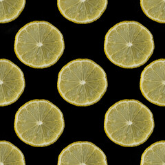 Fresh lemon slices pattern. Black background. Seamless pattern with citrus fruit