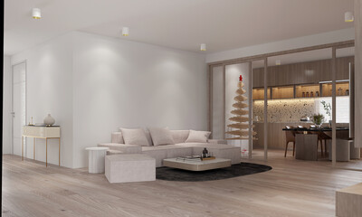 Modern interior design of living room and dining room and Christmas tree mock up and wall texture background