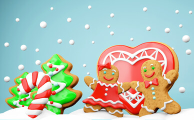 3D Christmas gingerbread couple in love. Winter landscape with gingerbread bisquits man and woman, heart, candy cane, christmas tree, snowballs on a lignt blue backround. Conceptual cute wallpaper