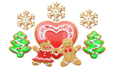 3D Christmas gingerbread cookies couple in love isolated on white. Winter festive composition with sweet big biscuit red heart,christmas tree,snowflakes