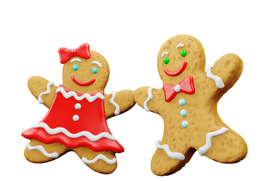Gingerbread cookies man and woman in red dress in love isolated on white.3D Xmas conceptual design element