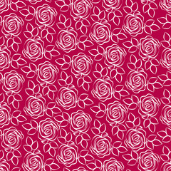 Seamless vector pattern with white contour roses and leaves. Floral pattern. For the design of textiles, printing products, wrapping paper. Background