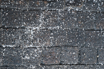 De-icing chemical reagent on pavement in winter time. Pavement is sprinkled with technical salt will make the road safe, top view. 