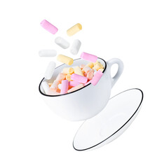 White cup with marshmallows isolated on white background.