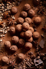 Homemade chocolate truffles with aromatic spices top view. Delicious dessert
