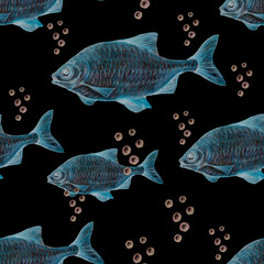 Fish, wildlife. Hand drawn watercolor pattern. Seamless patern. Print, textiles. Crucian carp, carp, herring. Vintage, retro style. Brown, blue.
