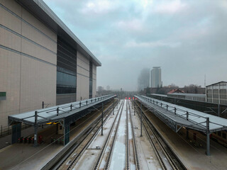 Obraz premium Train station and rails in the winter season.
