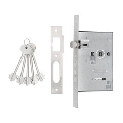 Mortise lock of metal color with cylindrical regiments for a lever key with a strike plate and a...