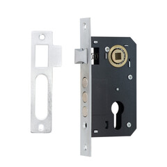 Steel-colored external door lock in black box with three round bolts, latch and strike plate on white background