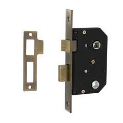 Mortise lock with a rectangular bolt and a latch in bronze with a strike plate and in a black case on a white background
