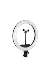 Closeup of circular neon LED lamp isolated white background. Popular modern light for make-up and beauty portraits.