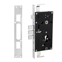 Chrome plated lock with rectangular bolts for Chinese type doors with strike plate on white background