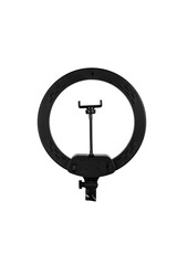 Closeup of circular neon LED lamp isolated white background. Popular modern light for make-up and beauty portraits.