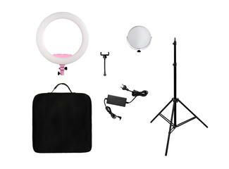 Closeup of circular neon LED lamp isolated white background. Popular modern light for make-up and beauty portraits.