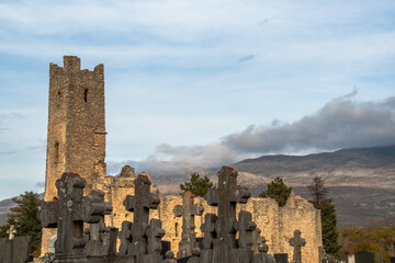 CROATIA, November 2020 - Medieval orthodox church of St. Spas and the old cemetery near the Cetina...