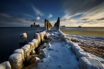 Winter Baltic Sea, view of the palisade made of tree trunks, Gdynia, Poland	