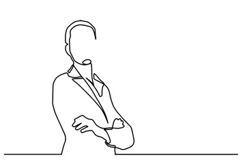 One single line drawing of young female bisiness woman with crossed arms. business woman concept continuous line draw design illustration. Business woman wearing a suit one line design