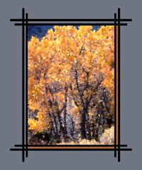 Abstracted landscape of golden aspen trees - portrait - painterly - with art border