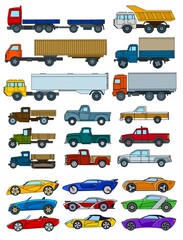 Large set of colored cartoon cars. Isolated on white